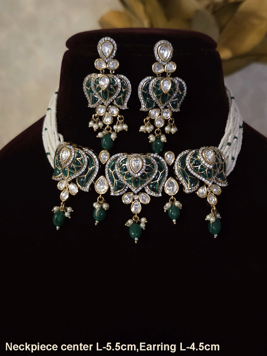 Inverted lotus coloured stones and uncut polki set with side cheed strings and bead drops