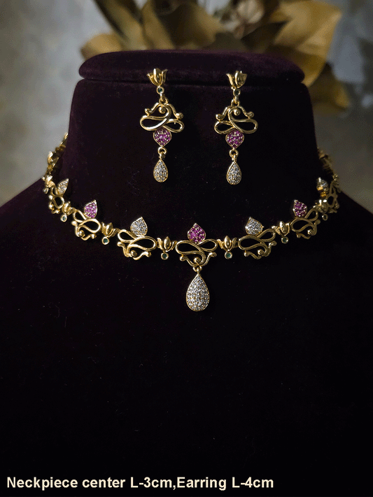 Lotus flower design sleek set with stones studded leaves and tear shaped white stones drop in center