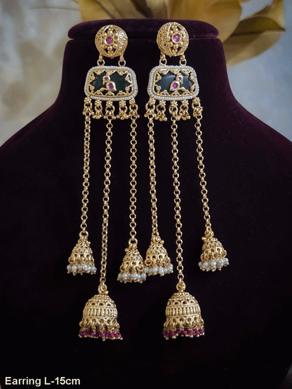 Circular top design with peacock on green stone in middle chain tassels with jhoomki hanging earrings