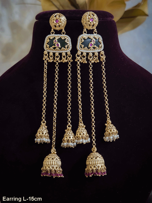 Circular top design with peacock on green stone in middle chain tassels with jhoomki hanging earrings