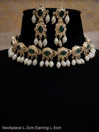 Oval stones jadau choker set with white bead drops