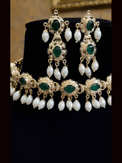 Oval stones jadau choker set with white bead drops