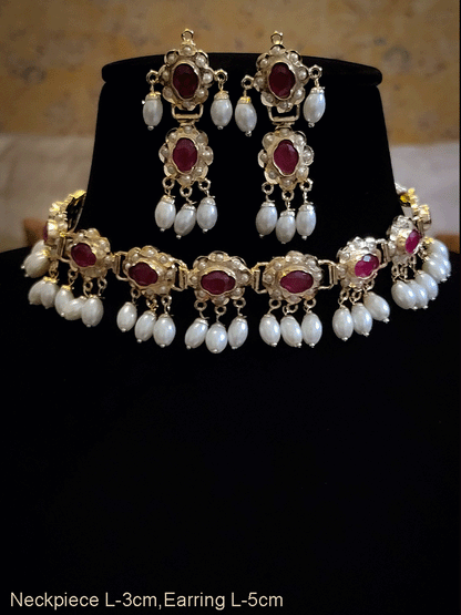 Oval stones jadau choker set with white bead drops