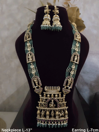 Bold krishna ji center pendant set with different god motif's on side green strings