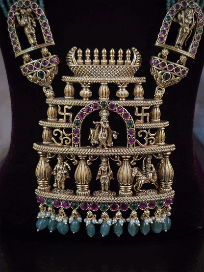 Bold krishna ji center pendant set with different god motif's on side green strings