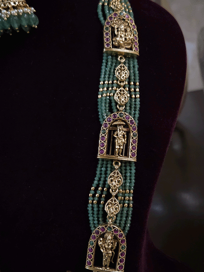 Bold krishna ji center pendant set with different god motif's on side green strings