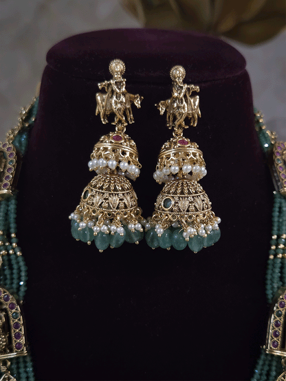 Bold krishna ji center pendant set with different god motif's on side green strings