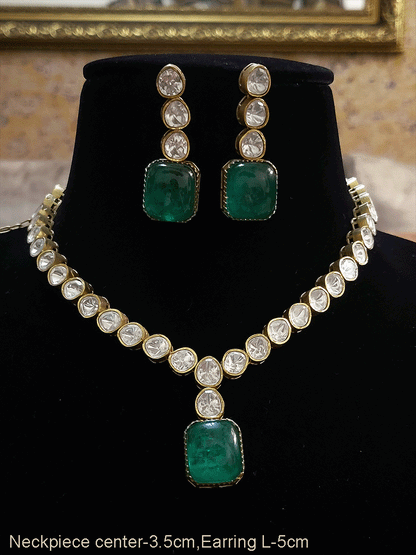 Single line uncut polki set with rectangular stone drop