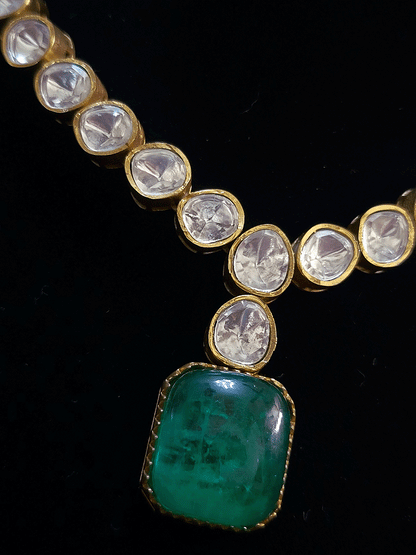Single line uncut polki set with rectangular stone drop