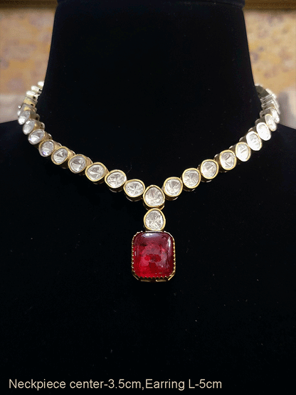 Single line uncut polki set with rectangular stone drop