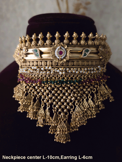 Rajputi choker with white,ruby and green beads hangings and mesh design with flower design set