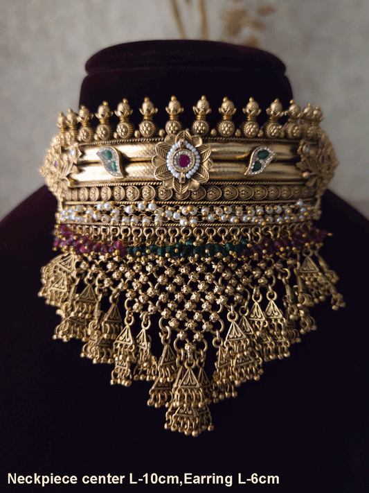 Rajputi choker with white,ruby and green beads hangings and mesh design with flower design set