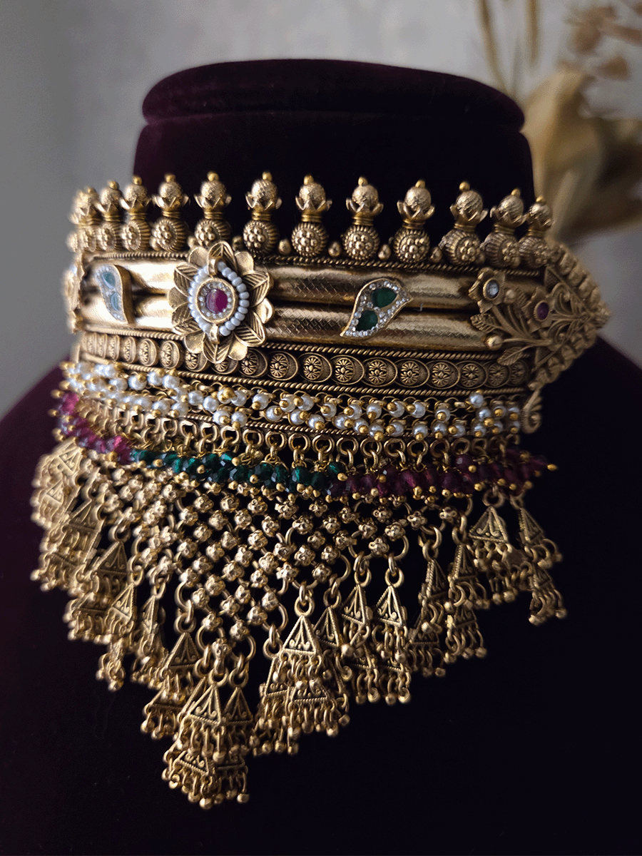 Rajputi choker with white,ruby and green beads hangings and mesh design with flower design set