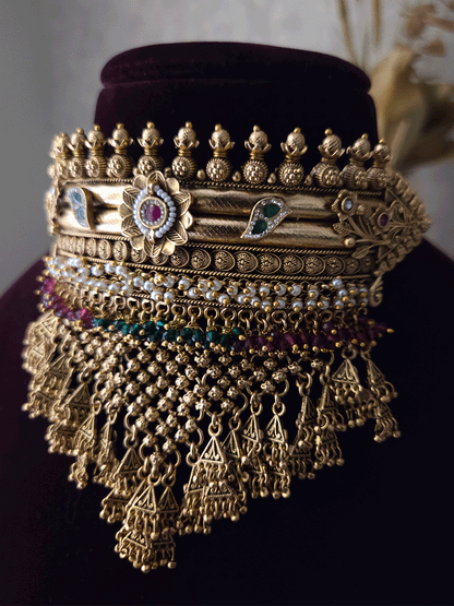 Rajputi choker with white,ruby and green beads hangings and mesh design with flower design set