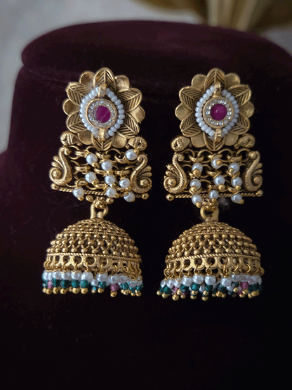 Rajputi choker with white,ruby and green beads hangings and mesh design with flower design set