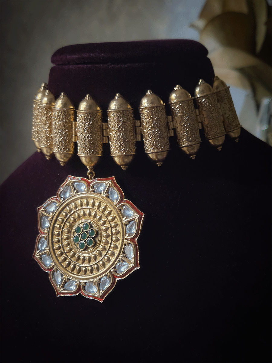 Broad self design top chain with red enamel work bold flower hanging heritage choker set