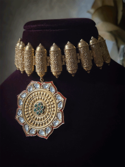 Broad self design top chain with red enamel work bold flower hanging heritage choker set