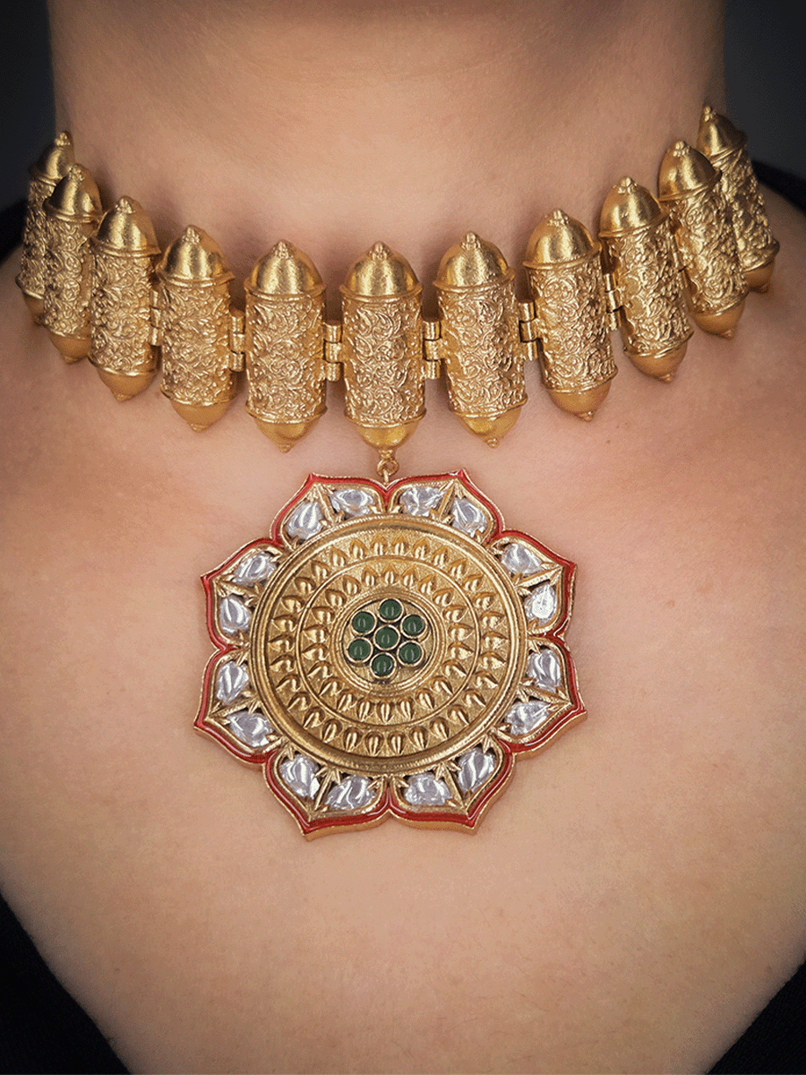 Broad self design top chain with red enamel work bold flower hanging heritage choker set