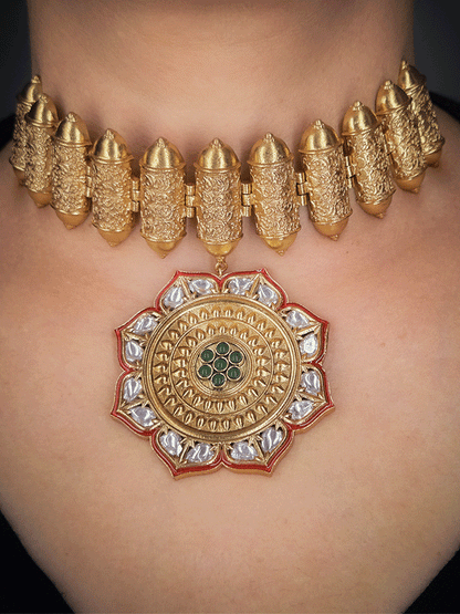 Broad self design top chain with red enamel work bold flower hanging heritage choker set