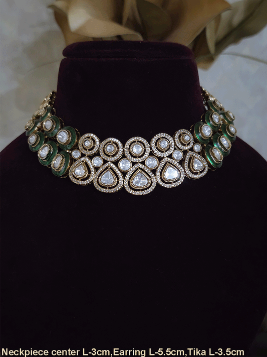 Uncut polki and moissanite studded classy set with green enamel detailing on both sides