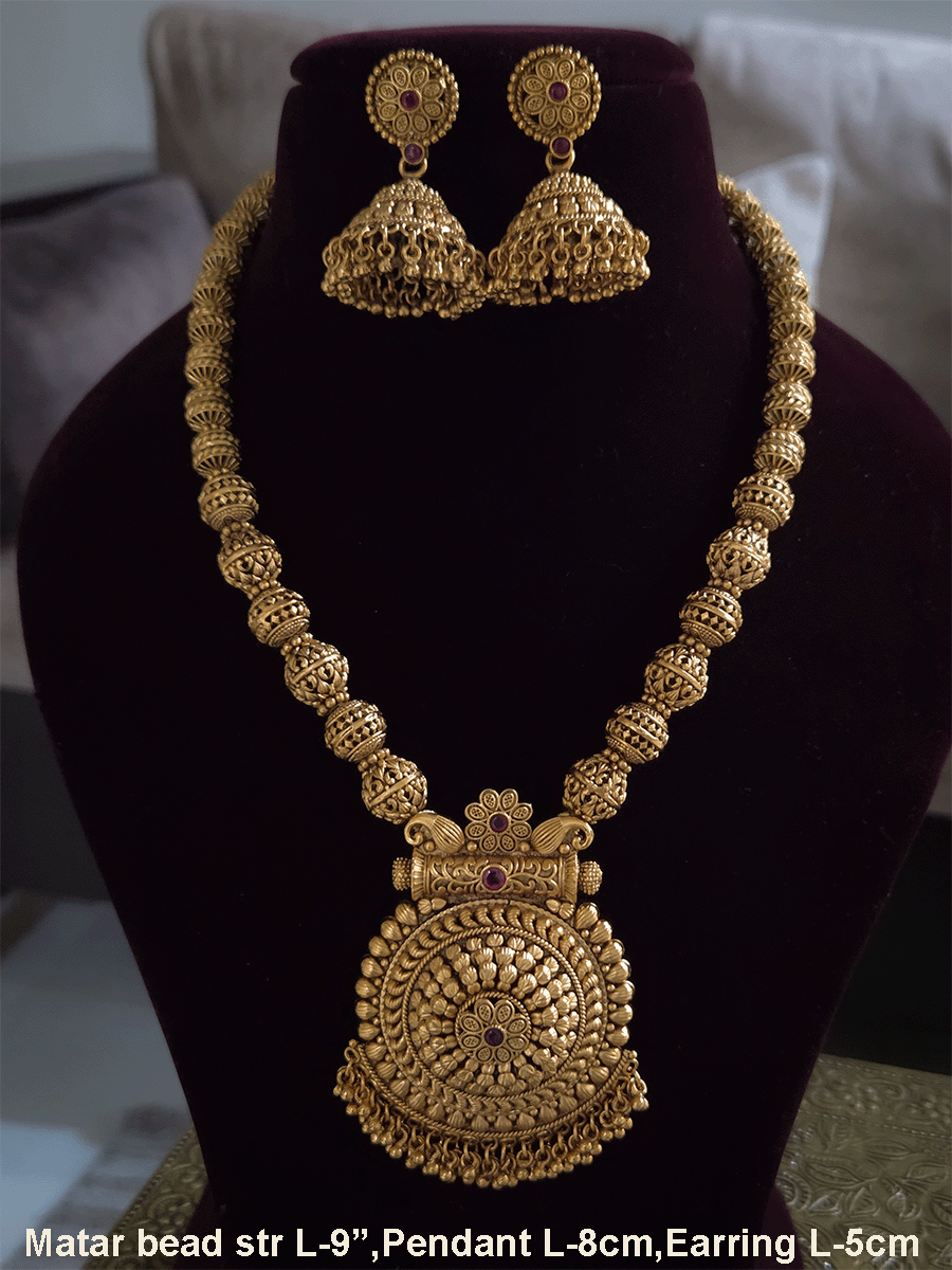 9 inch long Matar bead string in flower center design ruby stone pendant set