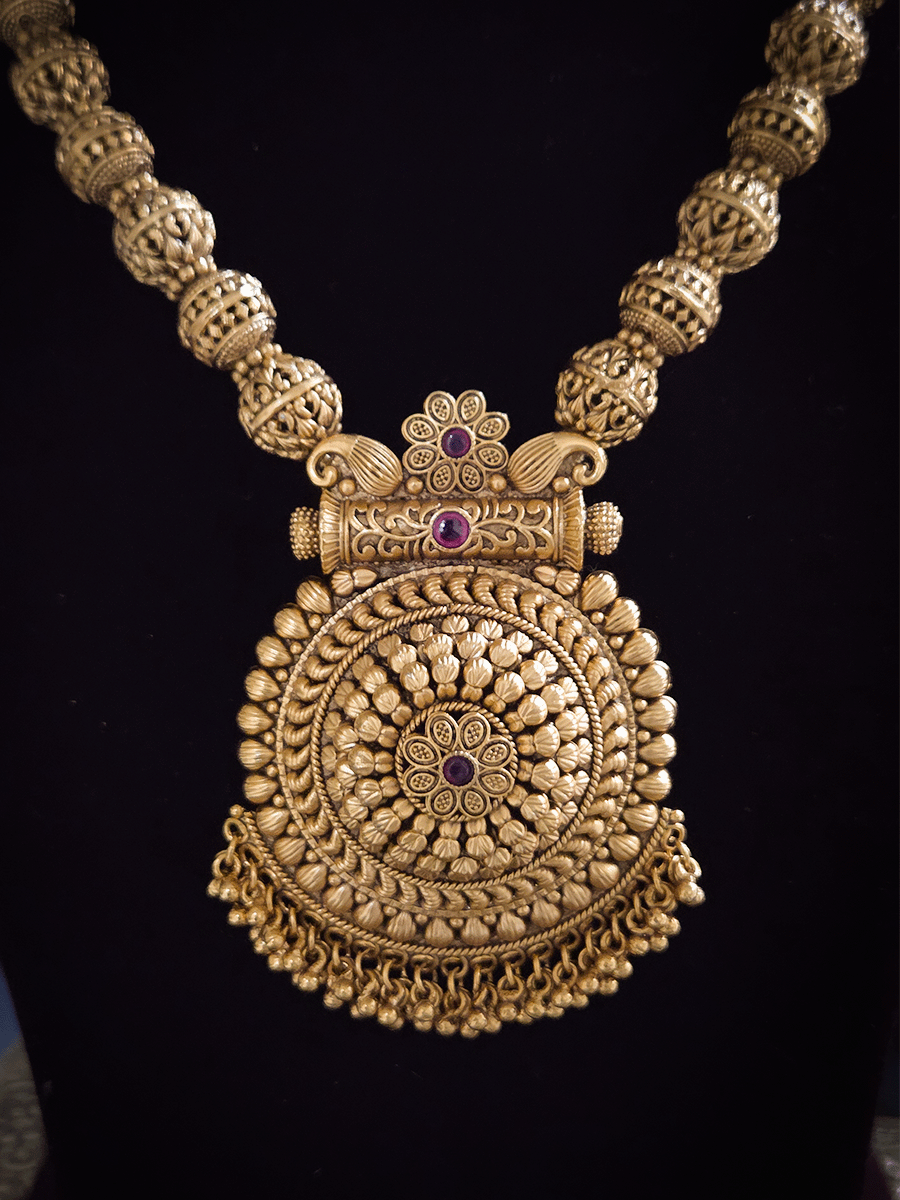 9 inch long Matar bead string in flower center design ruby stone pendant set