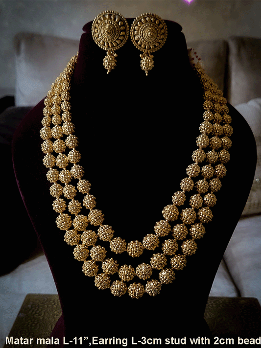 Triple layer 11 inch long matar bead mala with studs