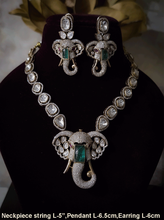 Ganpatiji face moissanite pendant set with bold green stone