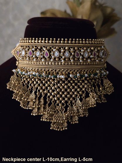 Tear drop shaped kundan and ruby stone with green and white beads hanging rajputi choker