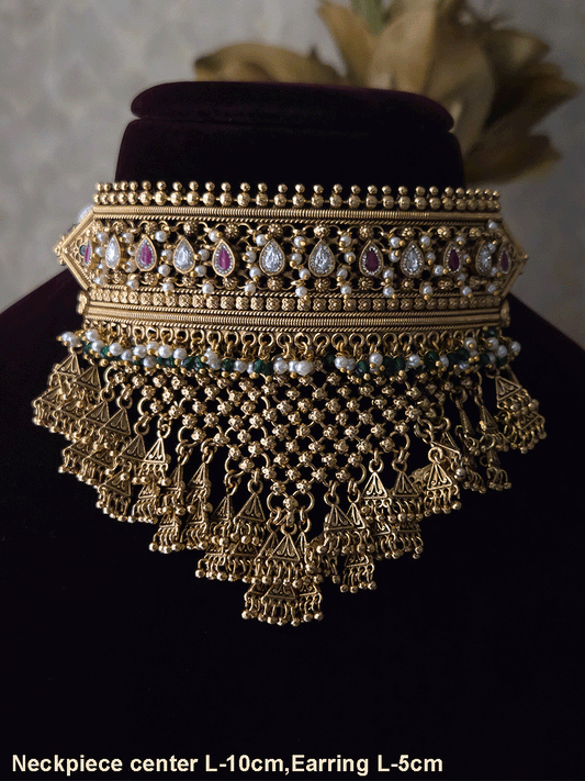 Tear drop shaped kundan and ruby stone with green and white beads hanging rajputi choker