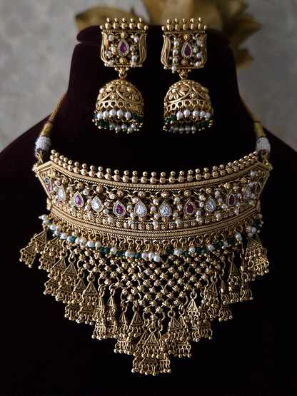 Tear drop shaped kundan and ruby stone with green and white beads hanging rajputi choker
