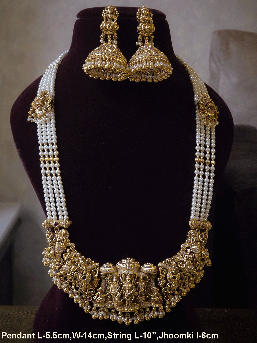 Ram durbar broad pendant set in pearl strings with intricate side carving (both long and short)