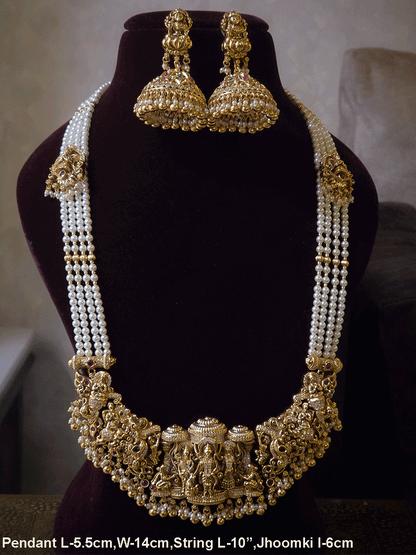 Ram durbar broad pendant set in pearl strings with intricate side carving (both long and short)