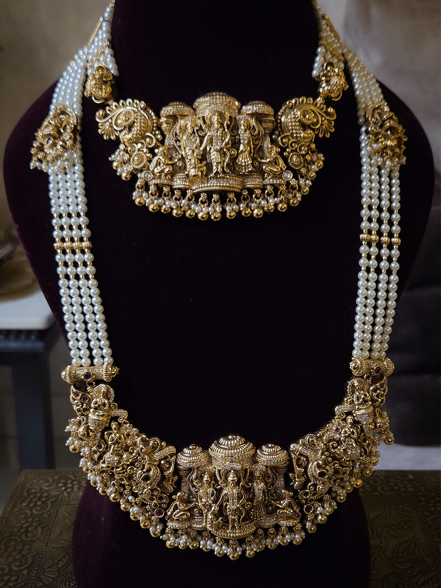 Ram durbar broad pendant set in pearl strings with intricate side carving (both long and short)