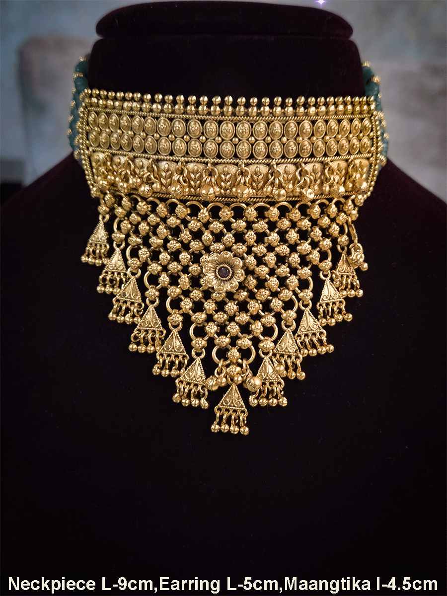 Side jade bead strings oval double line design rajputi choker