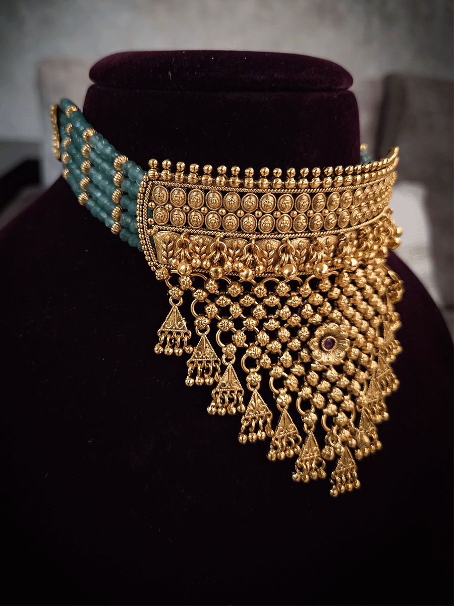 Side jade bead strings oval double line design rajputi choker