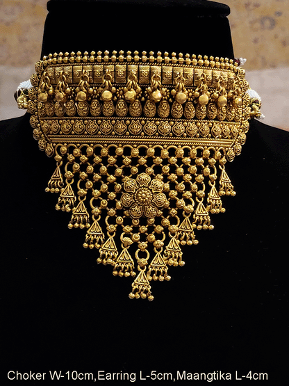 Flower on mesh design gold plated rajputi choker set with leaf design and ghunghru hangings