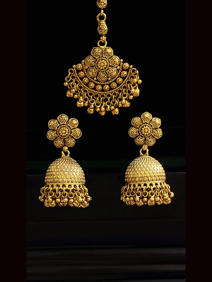 Flower on mesh design gold plated rajputi choker set with leaf design and ghunghru hangings