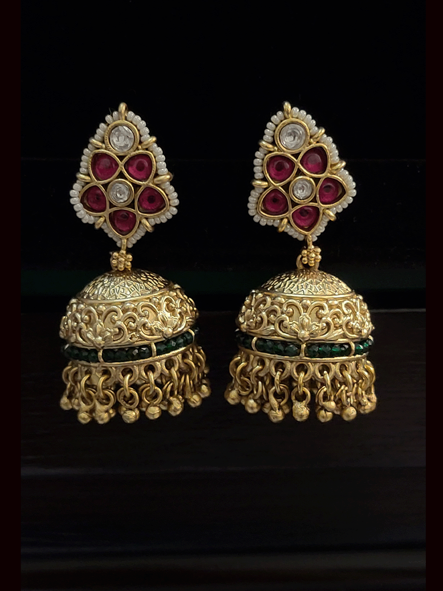 Green strings kundan and ruby pirohi work flowers broad necklace set with golden ghunghru detailing