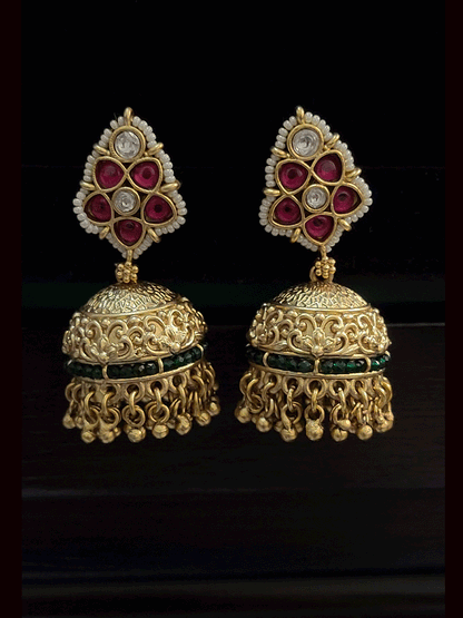 Green strings kundan and ruby pirohi work flowers broad necklace set with golden ghunghru detailing