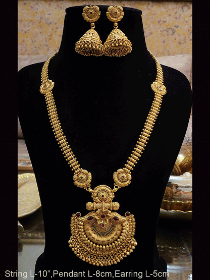 10 inch long with semi circular top flower and paisley design ruby stones pendant set