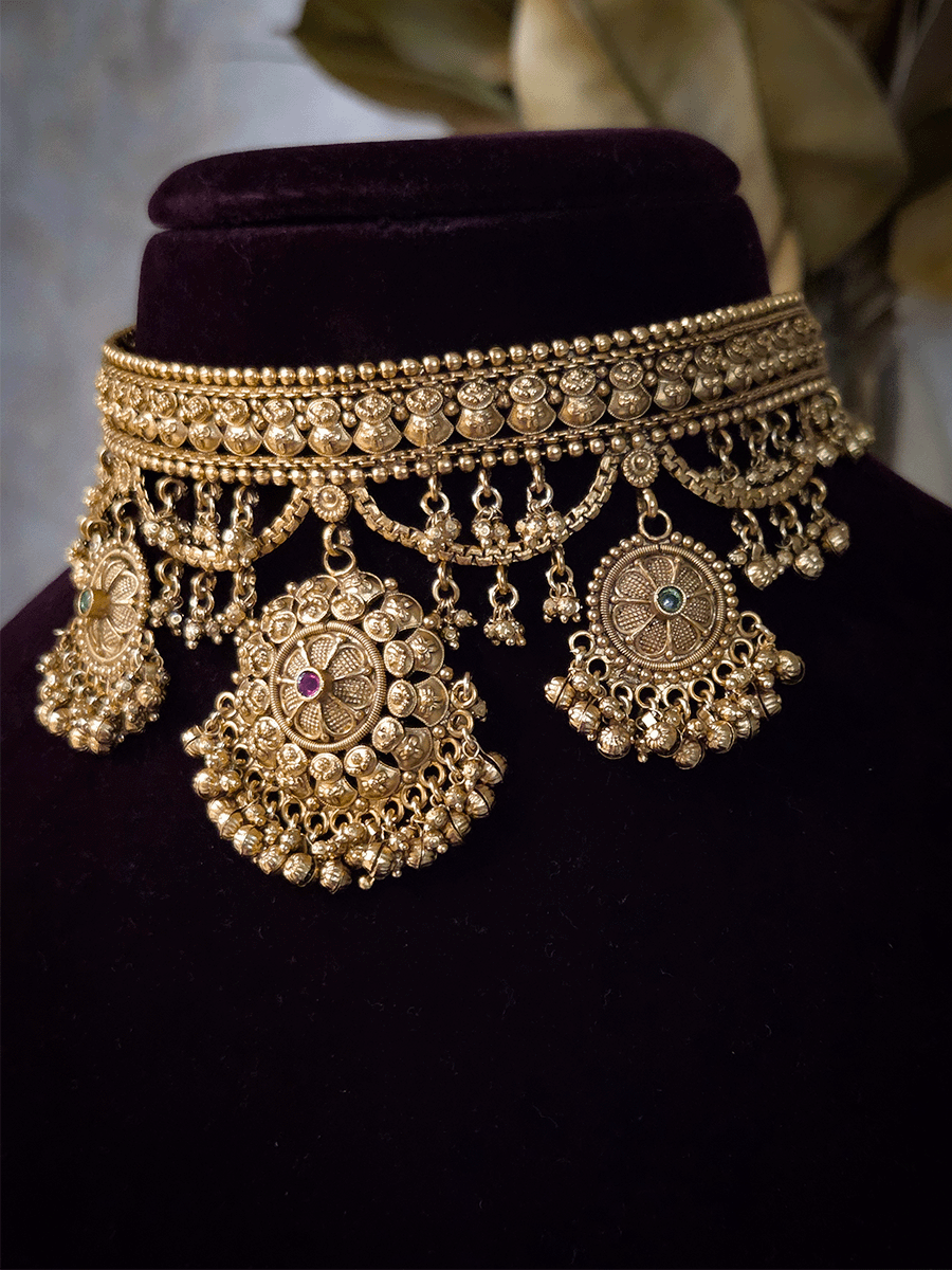 Traditional design chik set with chain jhallar and three flower hanging tukdies