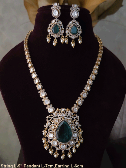 9" long moissanite string with tear shaped coloured stone moissanite pendant set