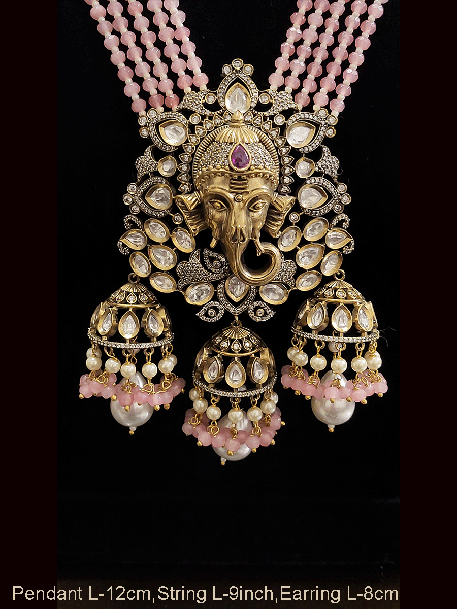 Bold Ganpatiji pendant with three hanging jhoomkies antique finish pink and white strings set