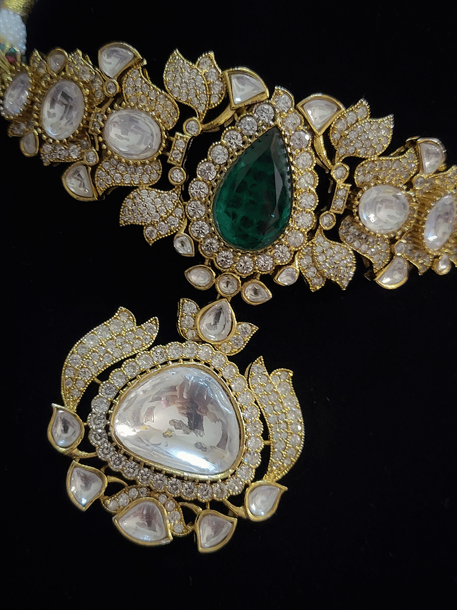 Tear drop shaped green stone uncut polki choker set with zircons