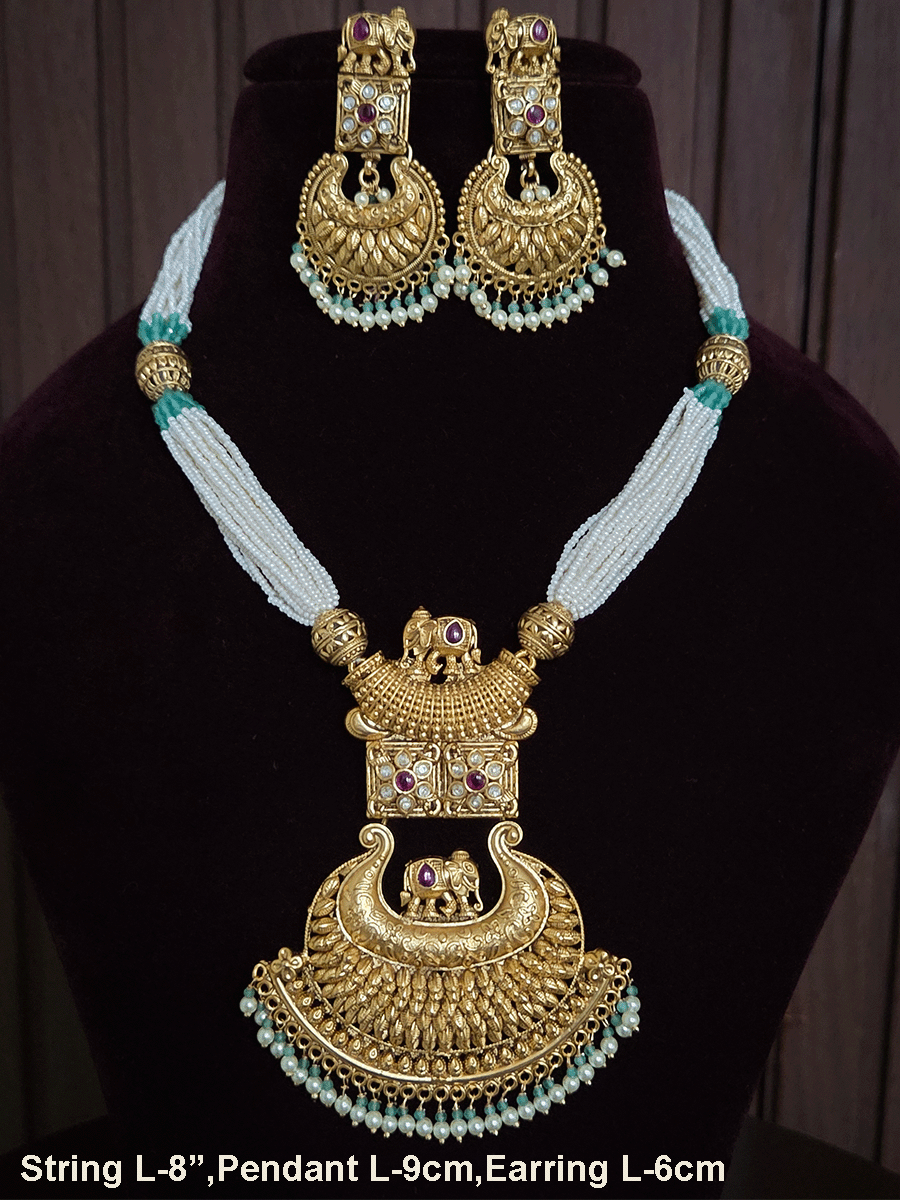 8 inch long cheed strings with matar bead set with elephant top design kundan flower pendant(9cm)