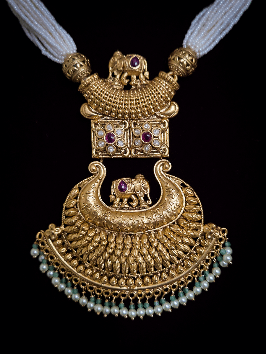 8 inch long cheed strings with matar bead set with elephant top design kundan flower pendant(9cm)