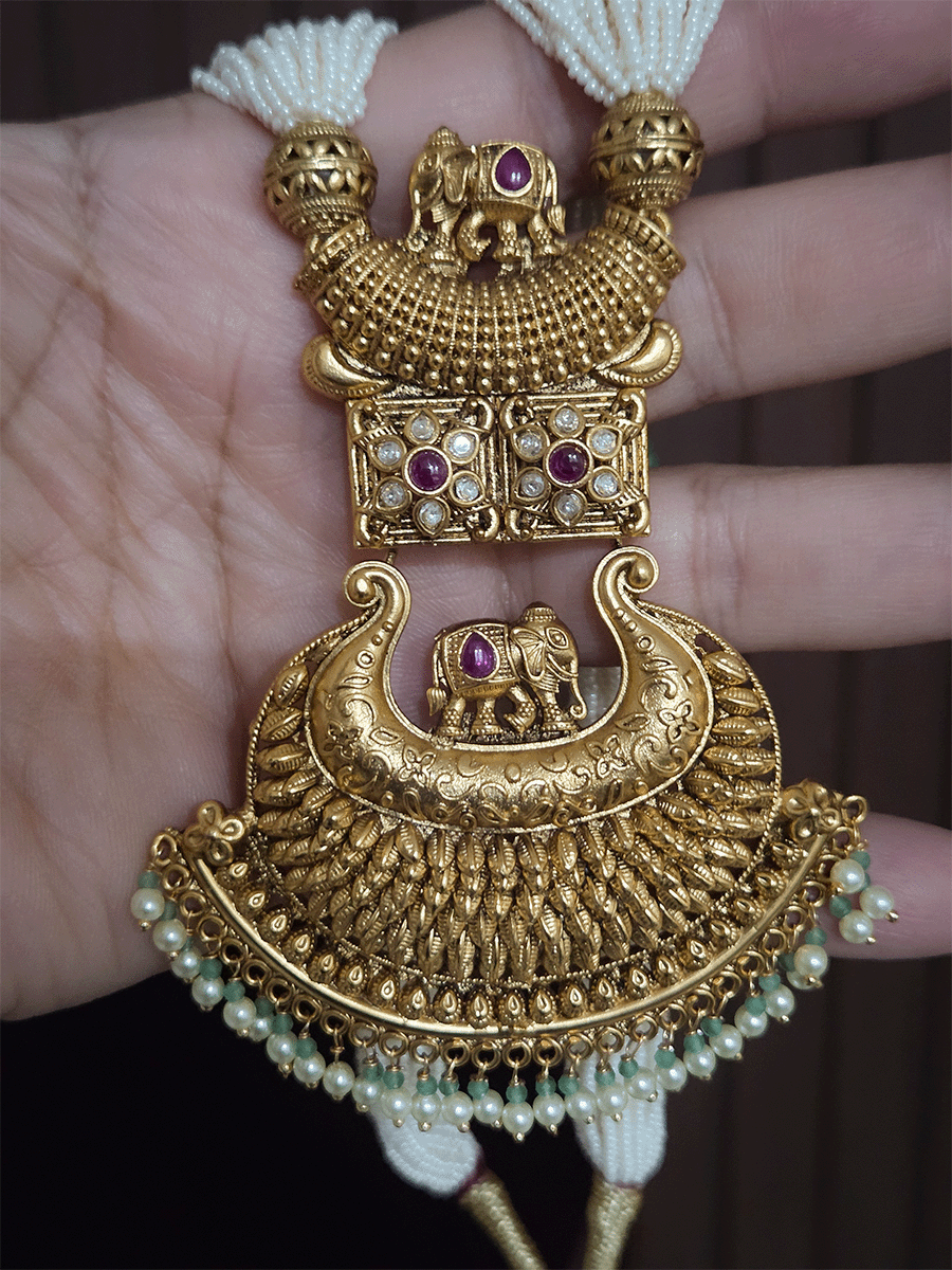 8 inch long cheed strings with matar bead set with elephant top design kundan flower pendant(9cm)
