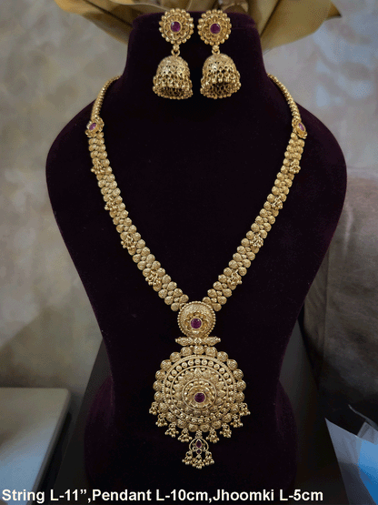 11 inch long leaf design side string with ghunghru hangings set with ruby stone flower design pendant