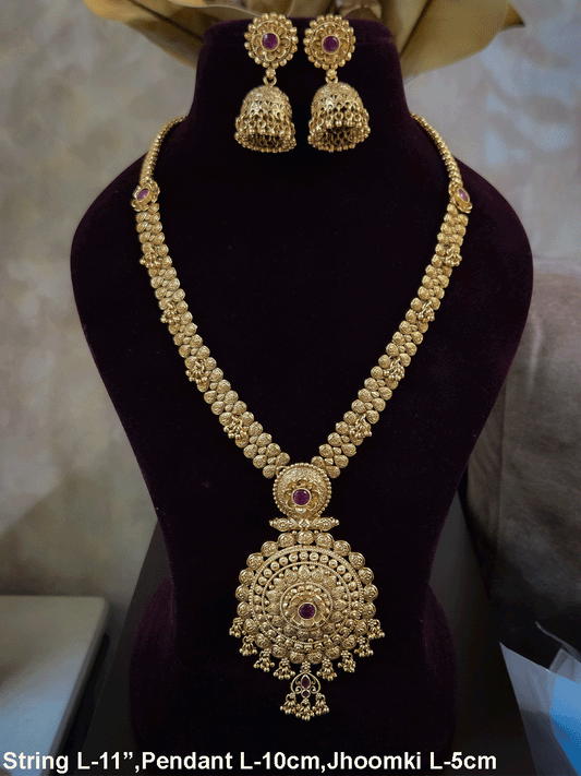11 inch long leaf design side string with ghunghru hangings set with ruby stone flower design pendant